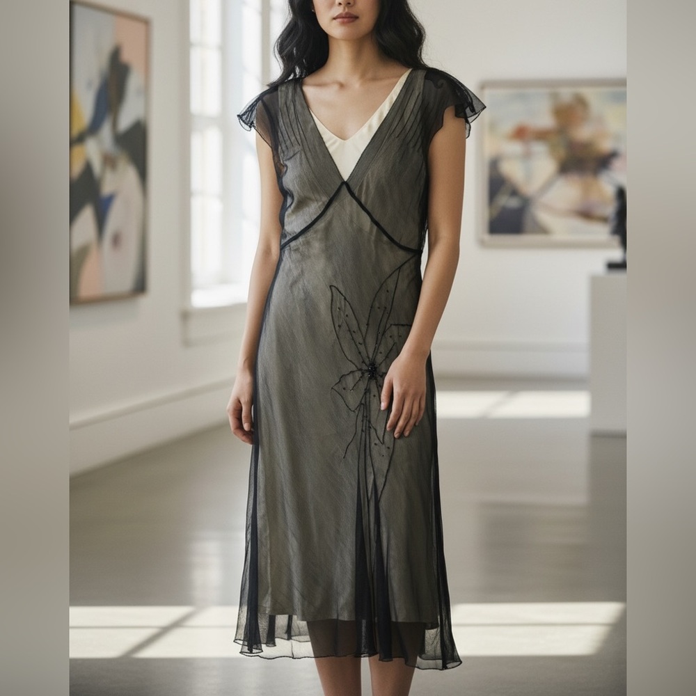 Max Studio Black Sheer Overlay Midi Dress with Cream Slip